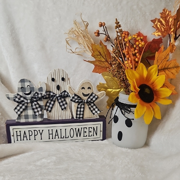 Various Other - Happy Halloween Sign & Fall Floral Ghost Mason Jar Set